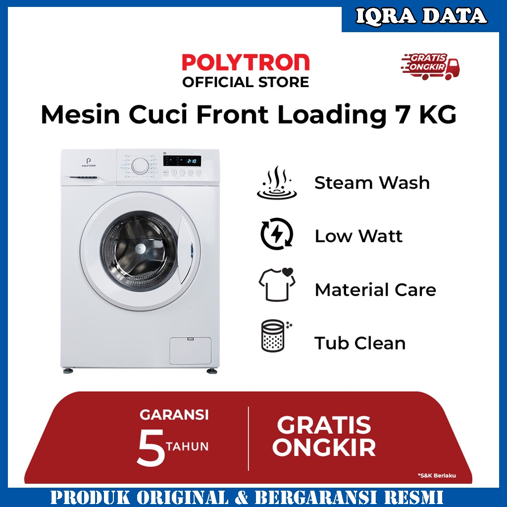 MESIN CUCI FRONT LOADING 7KG POLYTRON PFL-7051 LOW WATT GARANSI RESMI 5 TAHUN