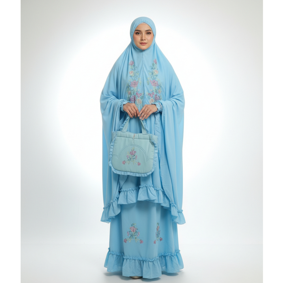 Mukena Sulam Bayang & Timbul Khas Bukittinggi Elegan | Mukena Set Rimpel + Tas Bahan Lembut Bordir