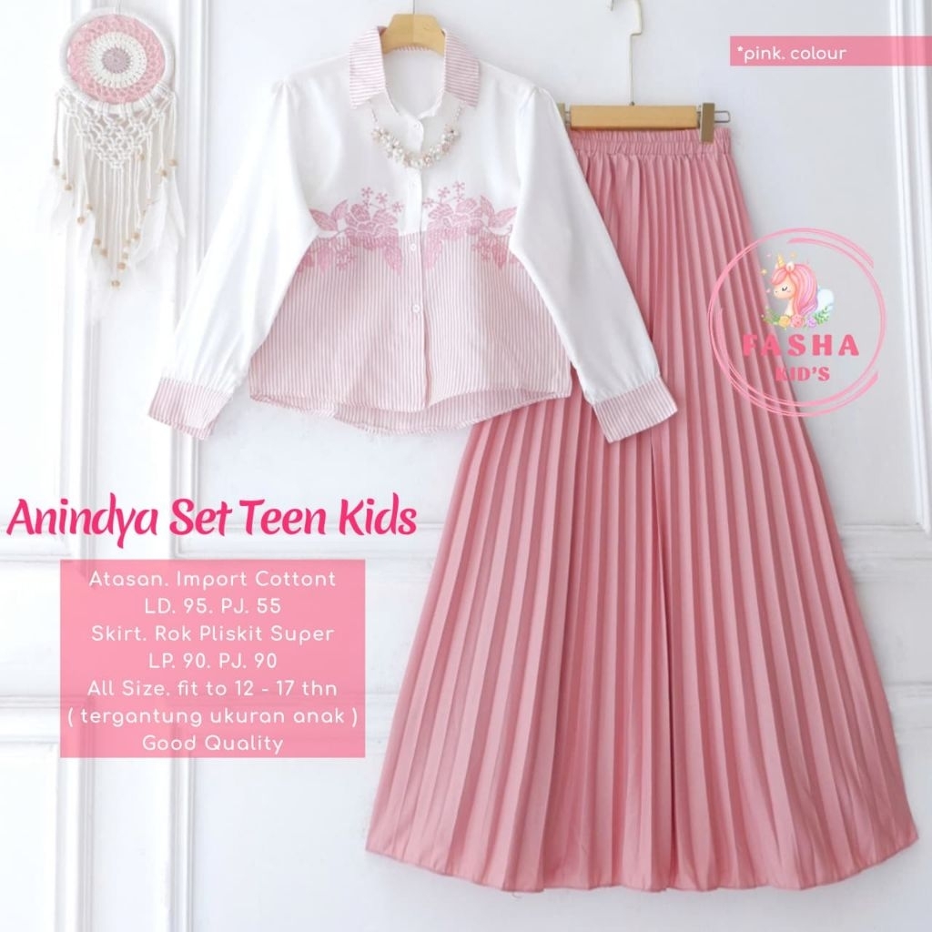 Anindya set teen kids setelan anak remaja perempuan baju atasan import cotton rok plisket 12-17 tahu