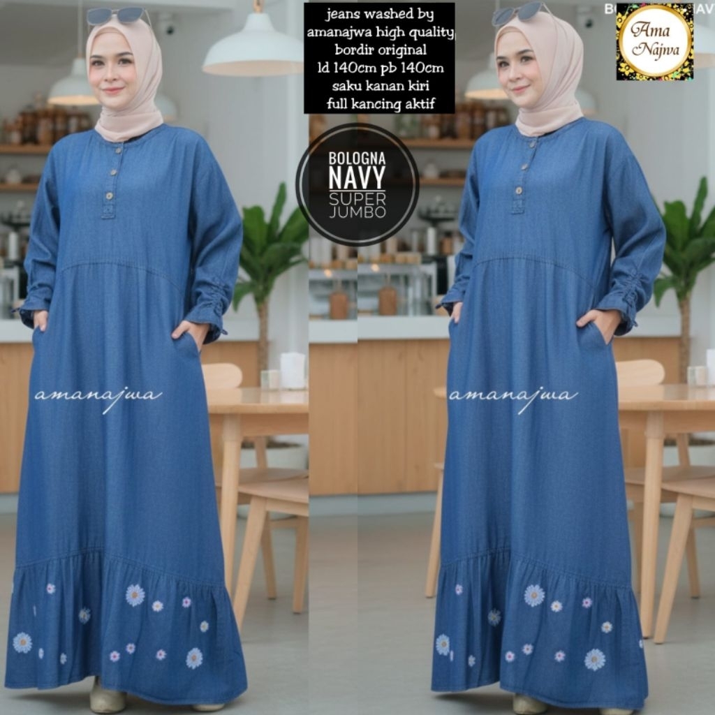 LD 140 Gamis Jeans Bordir ORI BOLOGNA SUPER JUMBO