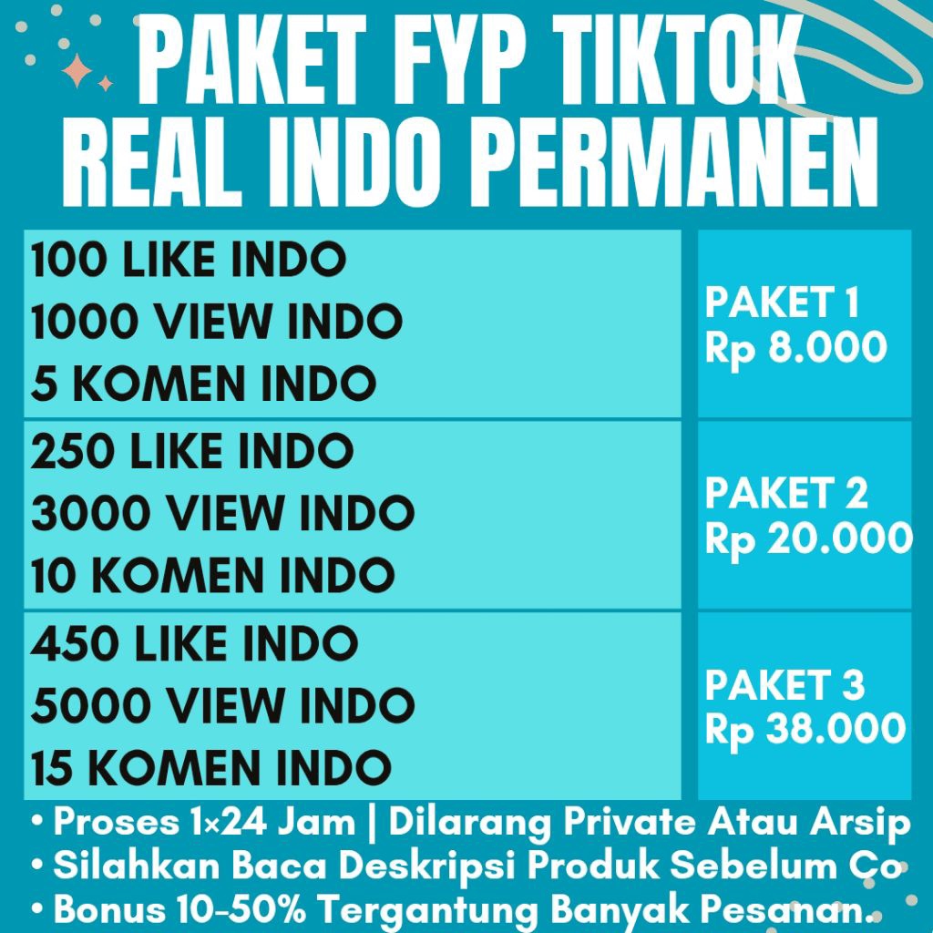 PAKET FYP TIKTOK REAL INDO PERMANEN BERGARANSI SELAMANYA ( LIKE INDO, VIEW INDO, KOMEN INDO ) BY.IND