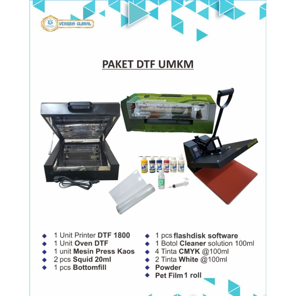 Paket Usaha Mesin Sablon DTF A3 Roll | Printer Sablon DTF Tinta CMYK-WW | Oven | Mesin Press Kaos