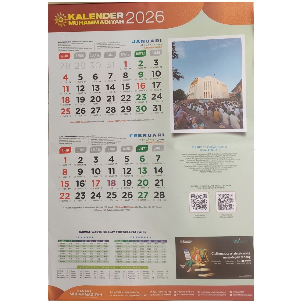 Kalender Muhammadiyah 2026, berserta penanggalan Hijriyah dan Jadual Sholat 5 waktu