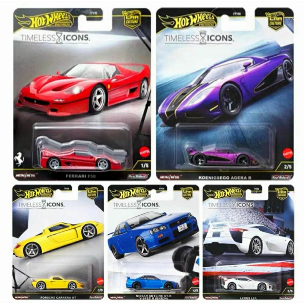 HOT WHEELS PREMIUM TIMELESS ICONS - NISSAN SKYLINE R34 - FERRARI F50 - PORSCHE CARRERA GT - KOENIGSE