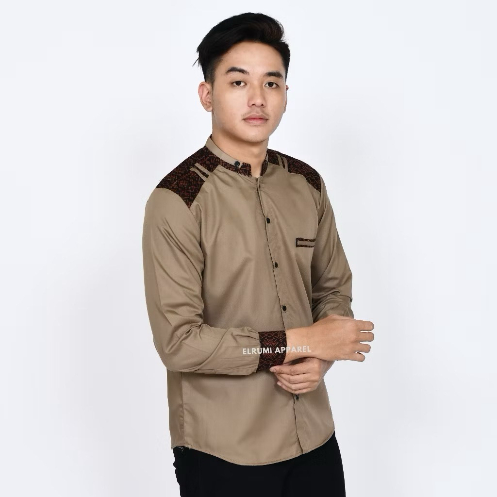 Baju Koko Pria Lengan Panjang Kombinasi Batik Motif Adidas Katun Toyobo