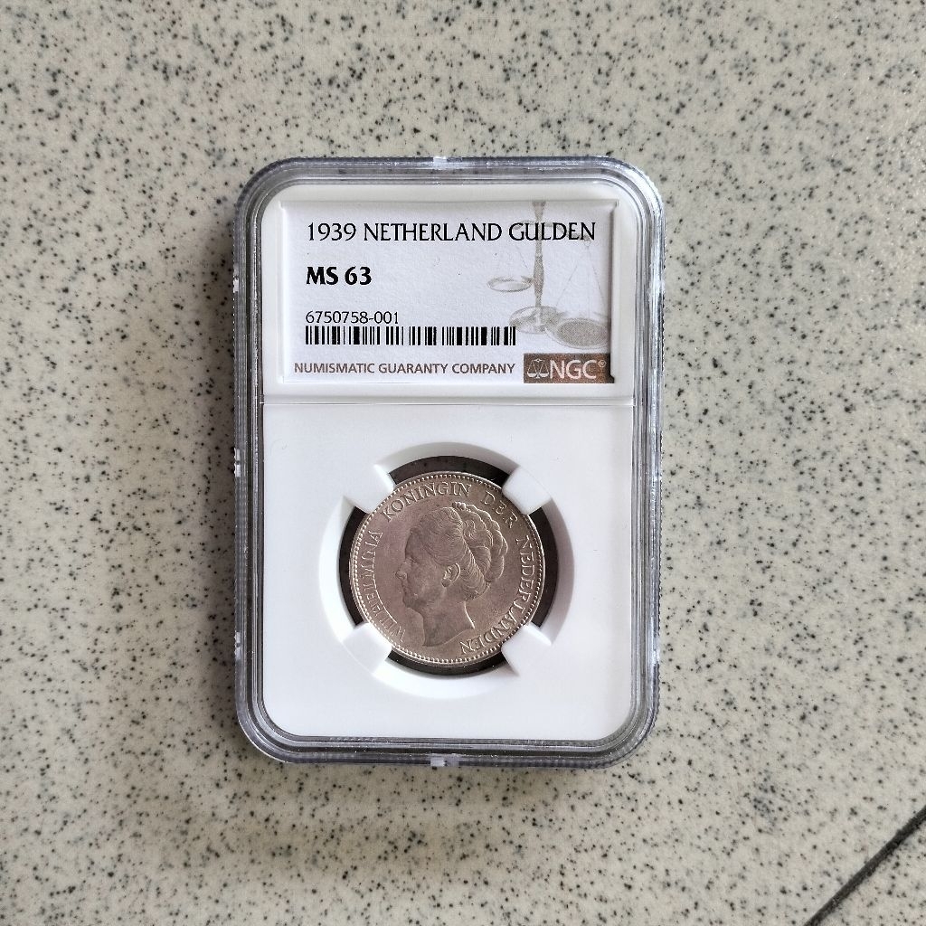 NGC MS 63 Koin Perak 1 Gulden Wilhelmina Netherland 1939 Silver Coin