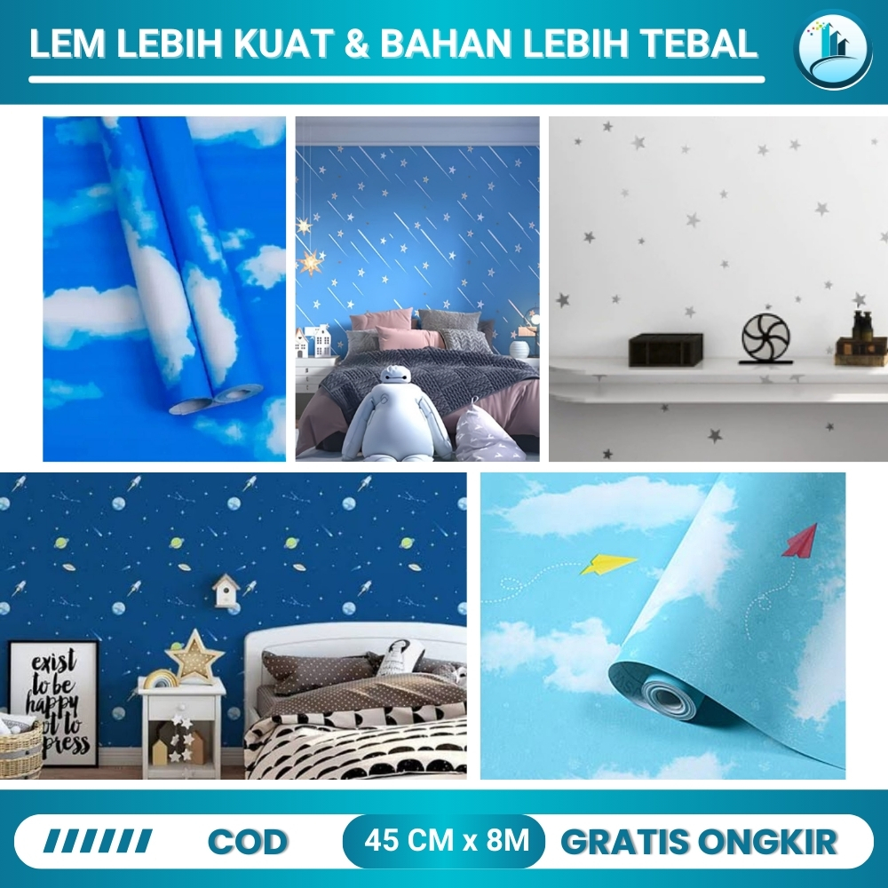 PLAZA WALLPAPER - Wallpaper Dinding Awan Walpaper Langit Walstiker Dinding Kamar Tidur Biru 10 Meter