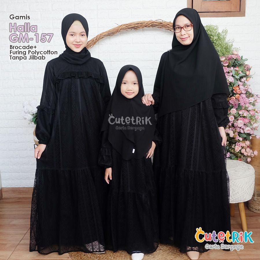 Cutetrik Gamis Hitam Hala Brokat Polycotton Ibu & Anak Couple Busui Tanpa Jilbab GamisLebaranPremium