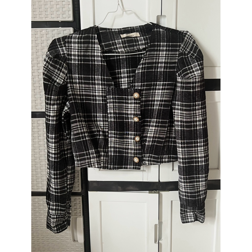 crop top korean style tartan lengan puffy