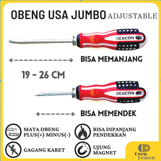 Obeng Bolak Balik Fleksibel Panjang Pendek Obeng Magnet Obeng Amerika Kembang Adjustable Screwdriver