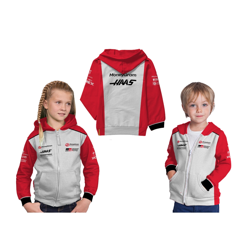 Jaket Hoodie Zipper Anak F1 Haas 2025 Balap Mobil Formula Satu Custom Full Printing