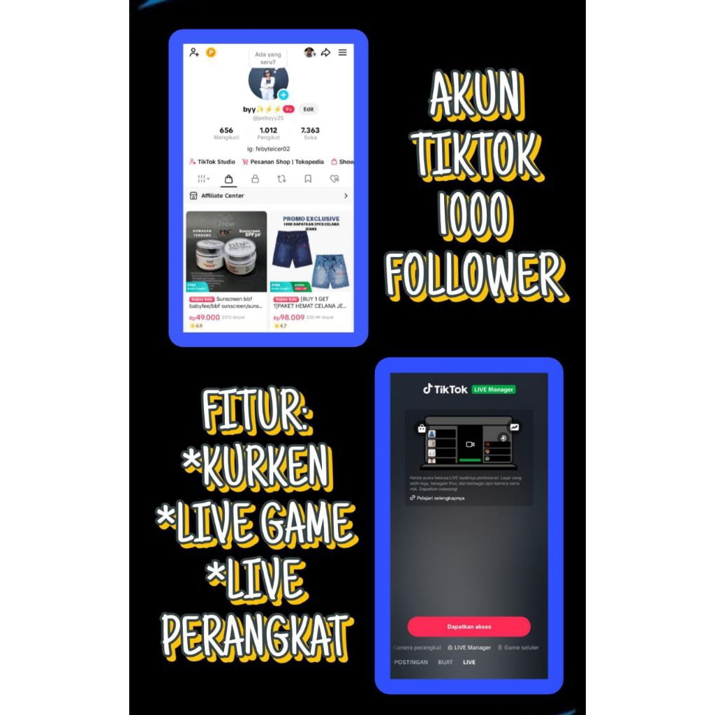 Akun Tiktok Aktif Siap Live Streaming& affiliate 1.5k+ FOL