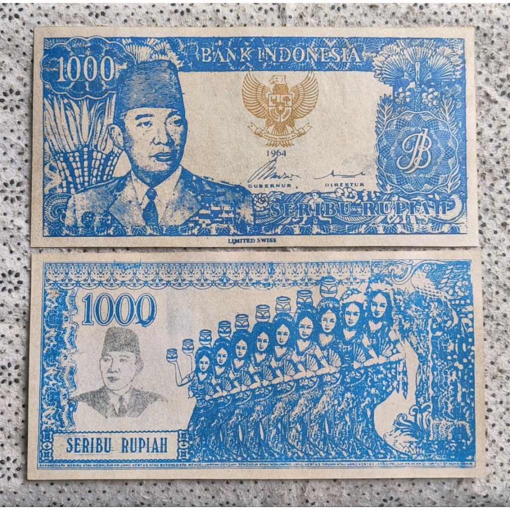 uang souvenir 1.000 Sukarno melengkung 1964 warna biru Garuda emas gambar penari serimpi 9 miring ny