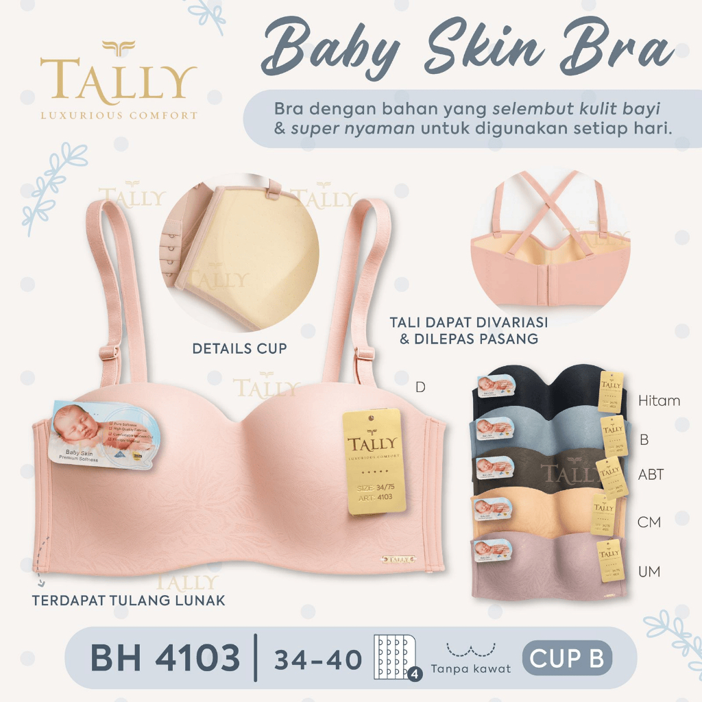 Bh Bra Tally 4103 Cup B (34-40) Kait 4 Baby Skin 1/2 Cup Seamless Half Cup | Busa Tipis Tanpa Kawat 