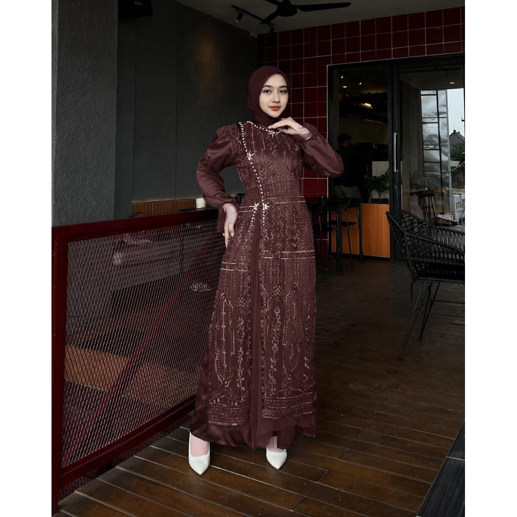 Maxi Vika ( M L XL XXL ) Gamis pesta kondangan Baju pesta Seragam acara Gamis mewah Satin kombi bruk