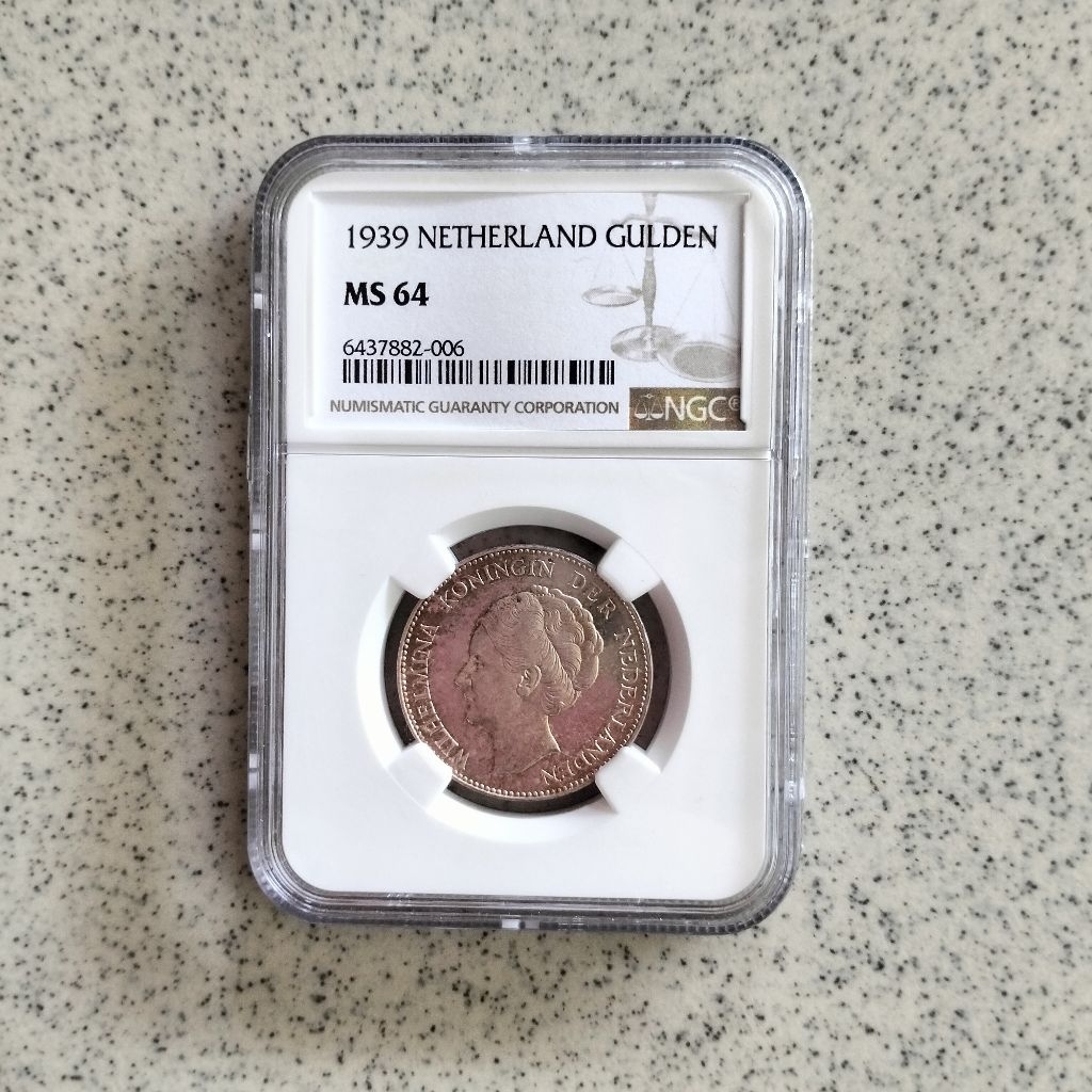 NGC MS 64 Koin Perak 1 Gulden Wilhelmina Netherland 1939 Silver Coin