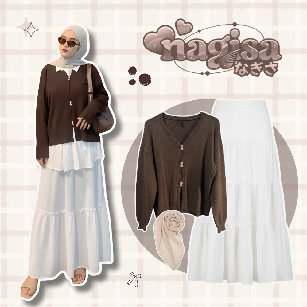 Outfit Set Korean Look 3in1 Cardigan Inala Rok Susun Putih Hijab Bella Square OOTD Kekinian Pakaian 