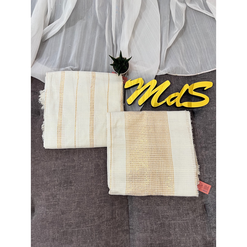 MdS Kamen Endek Tenun Putih Benang Gold Set Selendang