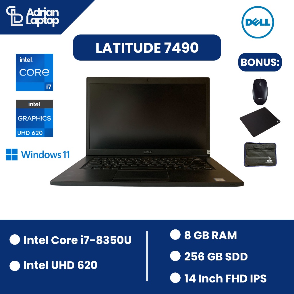 Laptop Second Dell Latitude 7490 | Intel Core i7-8350U RAM 8GB SSD 256 GB Layar 14 Inch | Mulus & Be