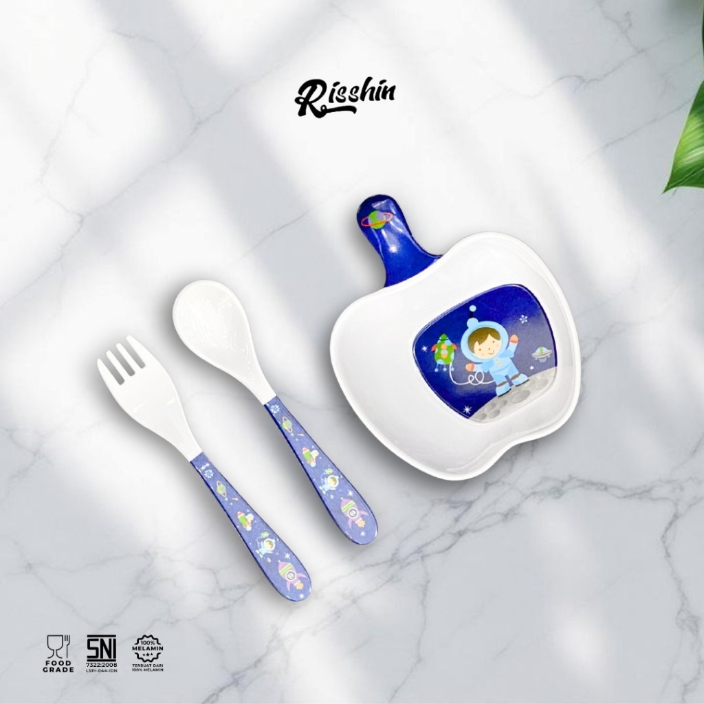 RISSHIN Set Peralatan Makan Bayi/Anak 3 in 1 Mangkuk Sendok Garpu 100% Melamin Food Grade Aman SNI