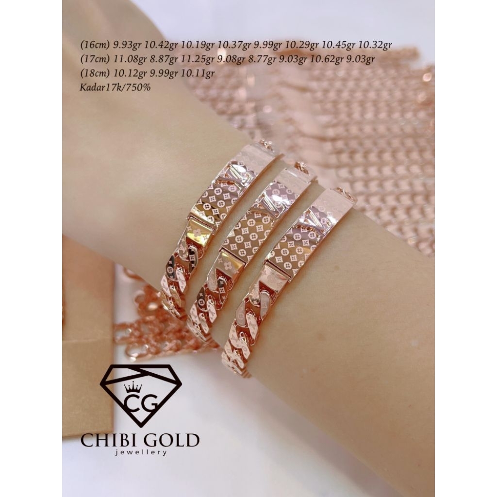 CHIBIGOLD LOKASARI-Gelang lv cuban plat emas 750 kadar 17k