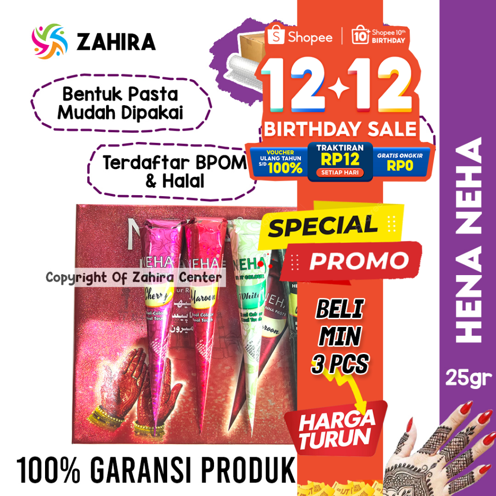 HARGA PARTAI Min 3 Pcs Heena/Henna/Hena Magic NEHA BPOM Warna Maroon Hitam Cherry Halal Pernikahan