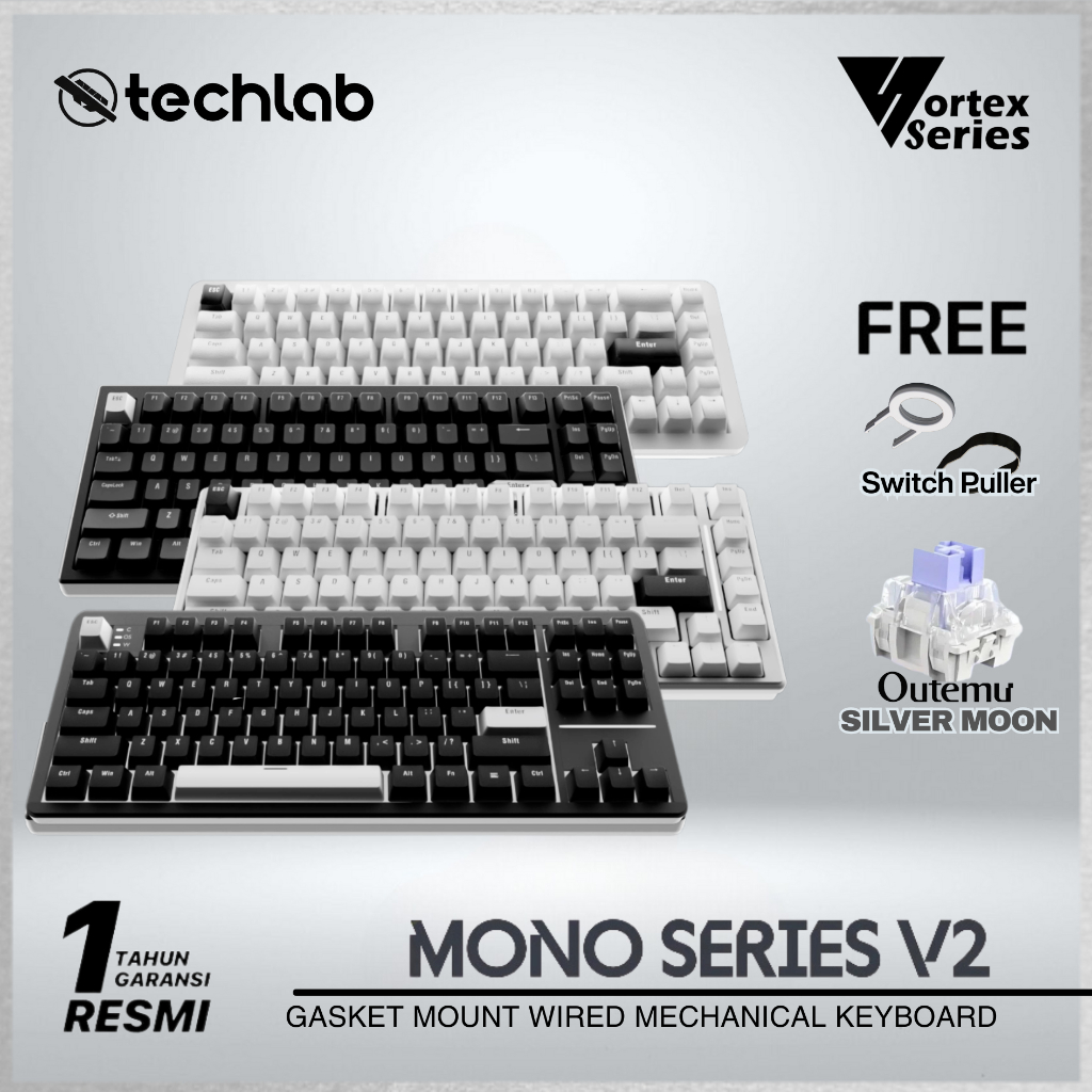 Vortex Mono Series 65% / 75% / 87% TKL Mechanical Keyboard - White/Black, Hotswappable JX Jade White Switches
