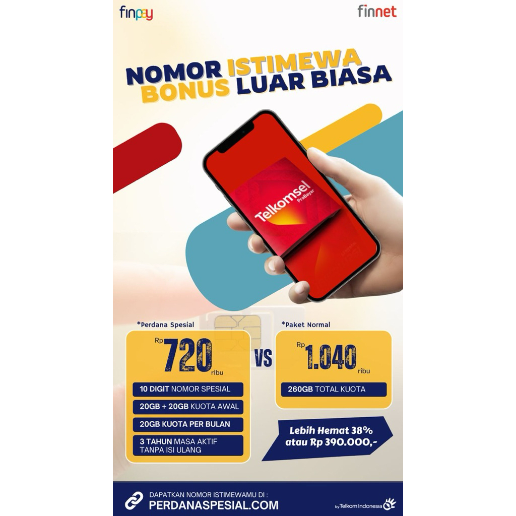 Kartu Perdana Telkomsel Nomor Cantik 10 Digit 20 GB + 20 GB kuota per bulan aktif 3 tahun tanpa isi 