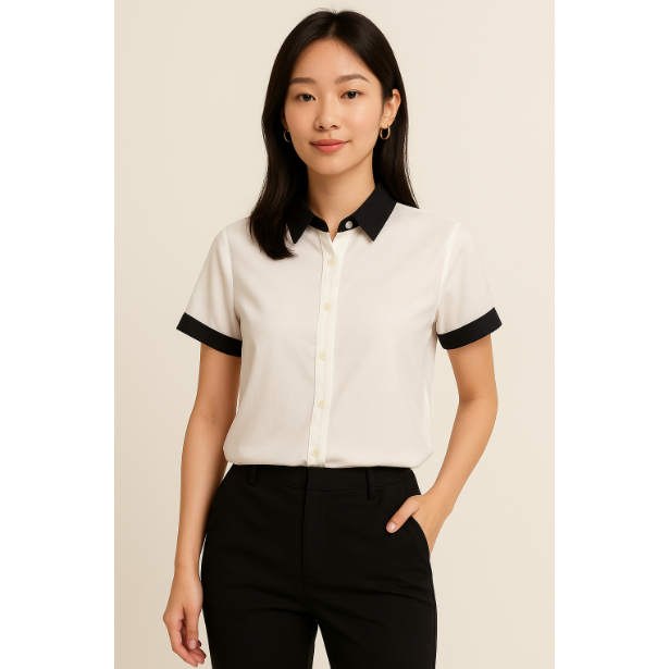 UNIQLO Kemeja Wanita Two-Tone Putih Hitam Blouse Kerja Casual Freesize S–L