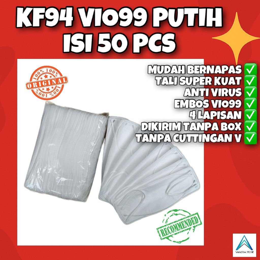 Masker KF94 VIO99 Putih Isi 50 PCS | Premium Tanpa Cutingan V | Tali Kuat & Nyaman | Harga Terjangka