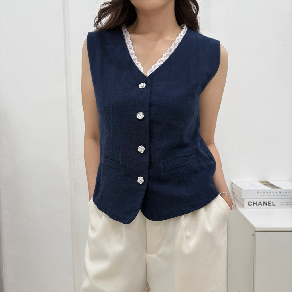 ENMEI Tami Vest 388 - Atasan Linen Wanita - Vest Wanita Linen - Rompi Wanita - Sleeveles Top
