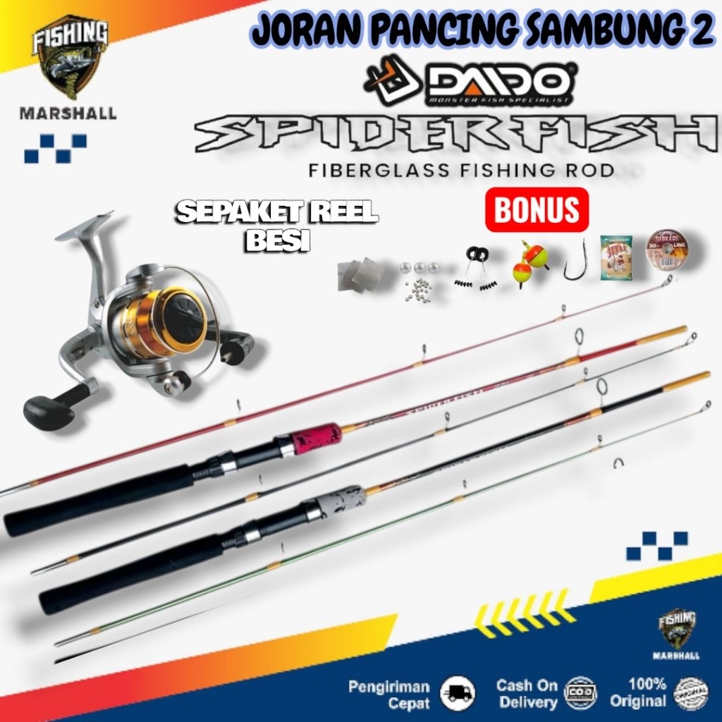 1 Set Lengkap Joran Pancing Sambung 2 Daido Spiderfish Fiber Lentur 120-150CM Reel Besi