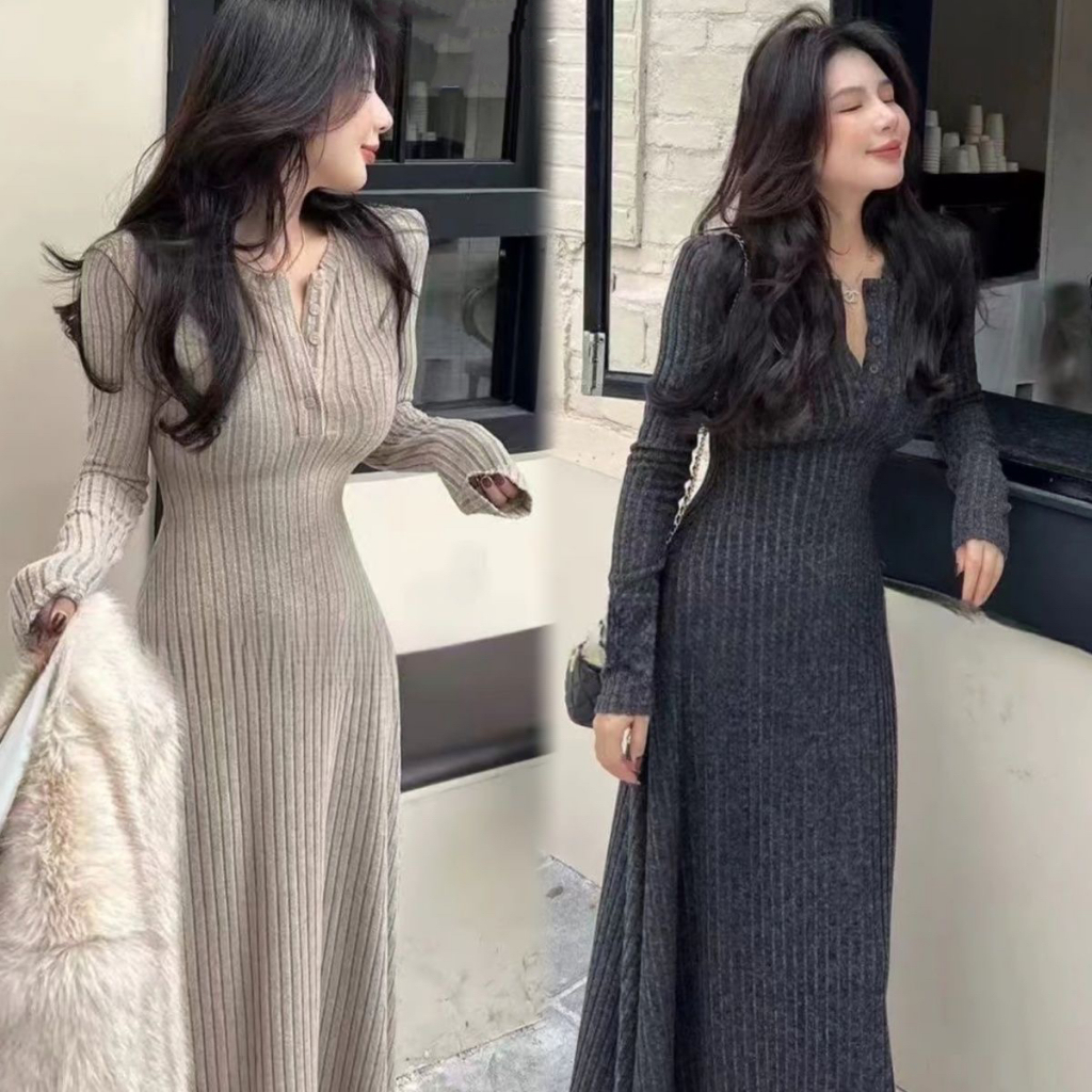 Gamis Modern Baju Rajut Korea BodyFit Dress Panjang Wanita Muslimah Elegan  M670