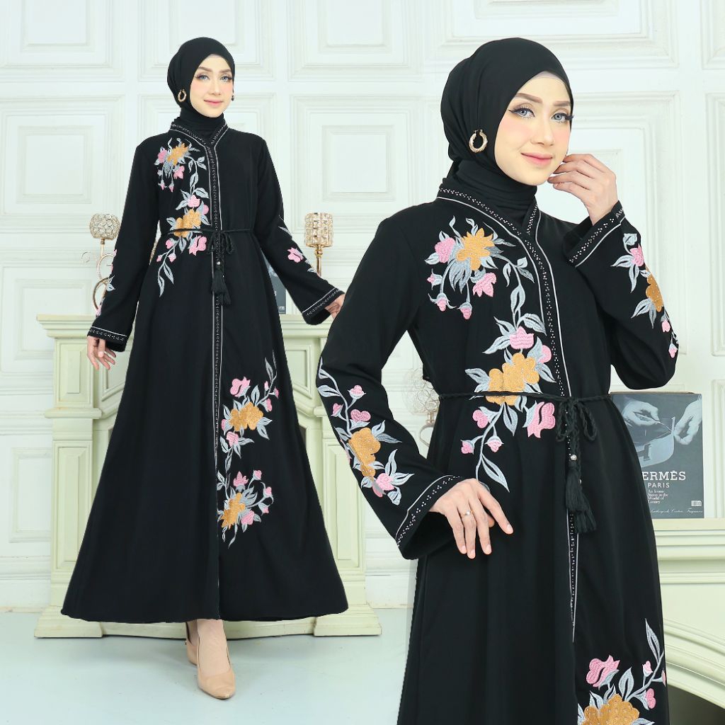 GAMIS ABAYA TURKI JETBLACK DESIGN KIMONO // KOMBINASI BORDIR TATAMI PAYET SWAROVSKI & BIS PITA SILVE