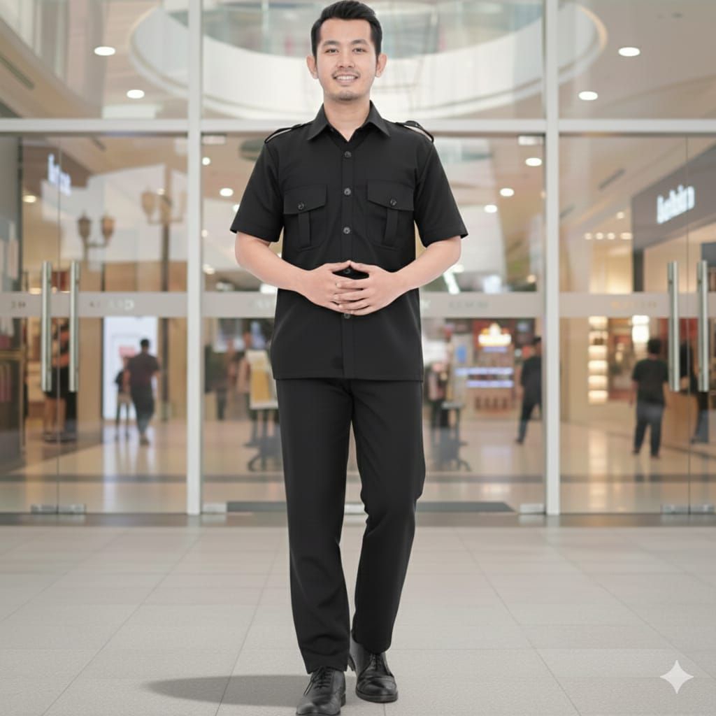 seragam safari 1 stel baju + celana satpam security bodyguard sopir  seragam safari hitam pendek pan