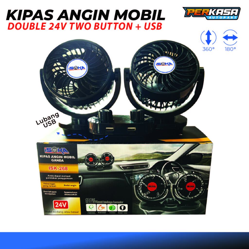 Kipas Angin Mobil Double Headed Colokan Ligther 24Volt + Lubang USB Charger