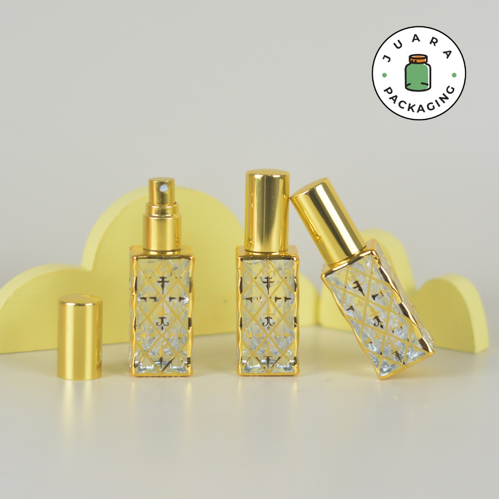 Botol Parfum 10 ml Kaca Motif Gold Tutup Spray Warna Emas – Wadah Refill Minyak Wangi Travel Size El