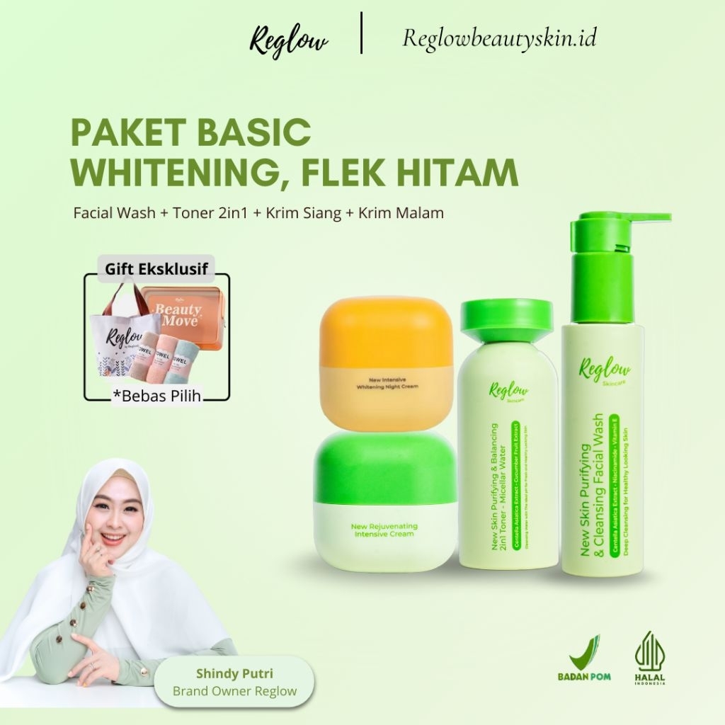 Reglow Paket Basic Whitening Flek Hitam 4 Item (F. Wash, Toner, DC & NC) Skincare Dr Shindy
