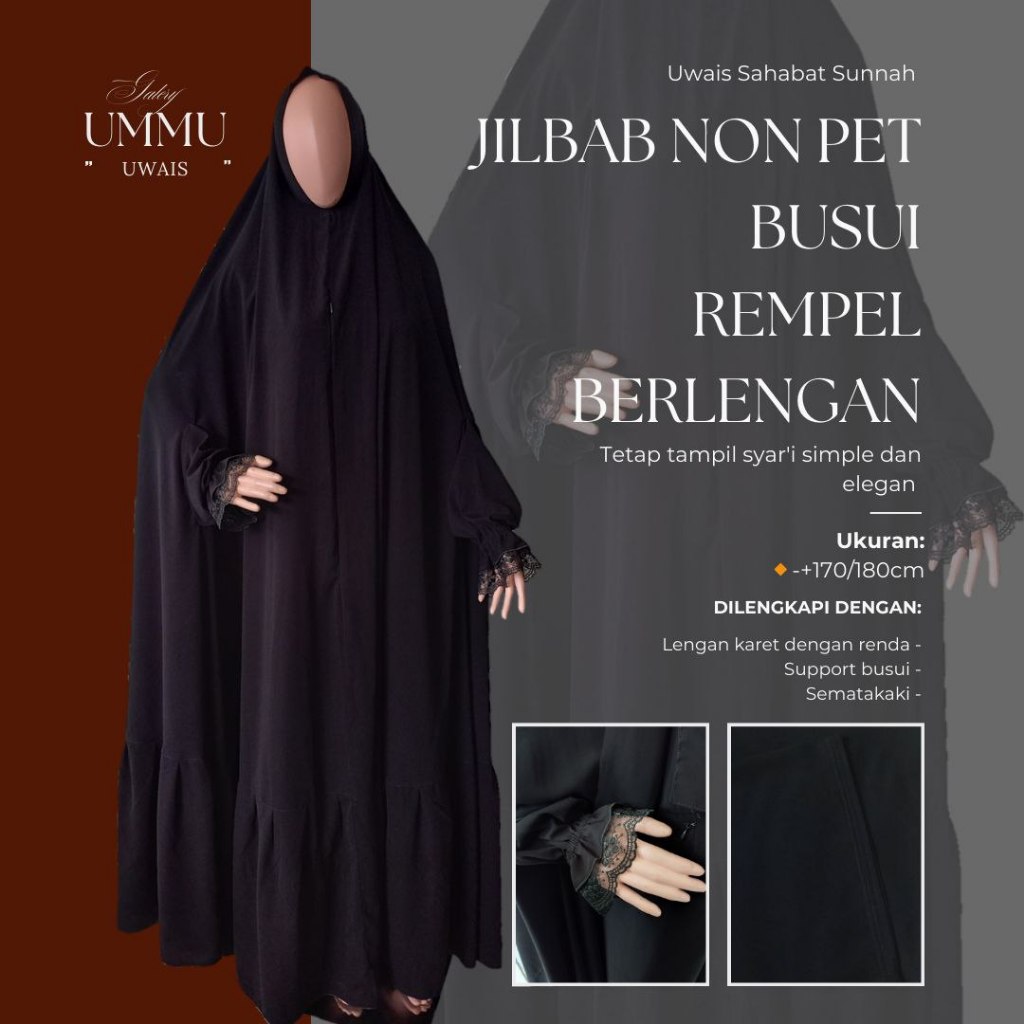 Jetblack Syar'i Long Khimar Floor Non Pet Bawah Rempel Jilbab Syar'i
