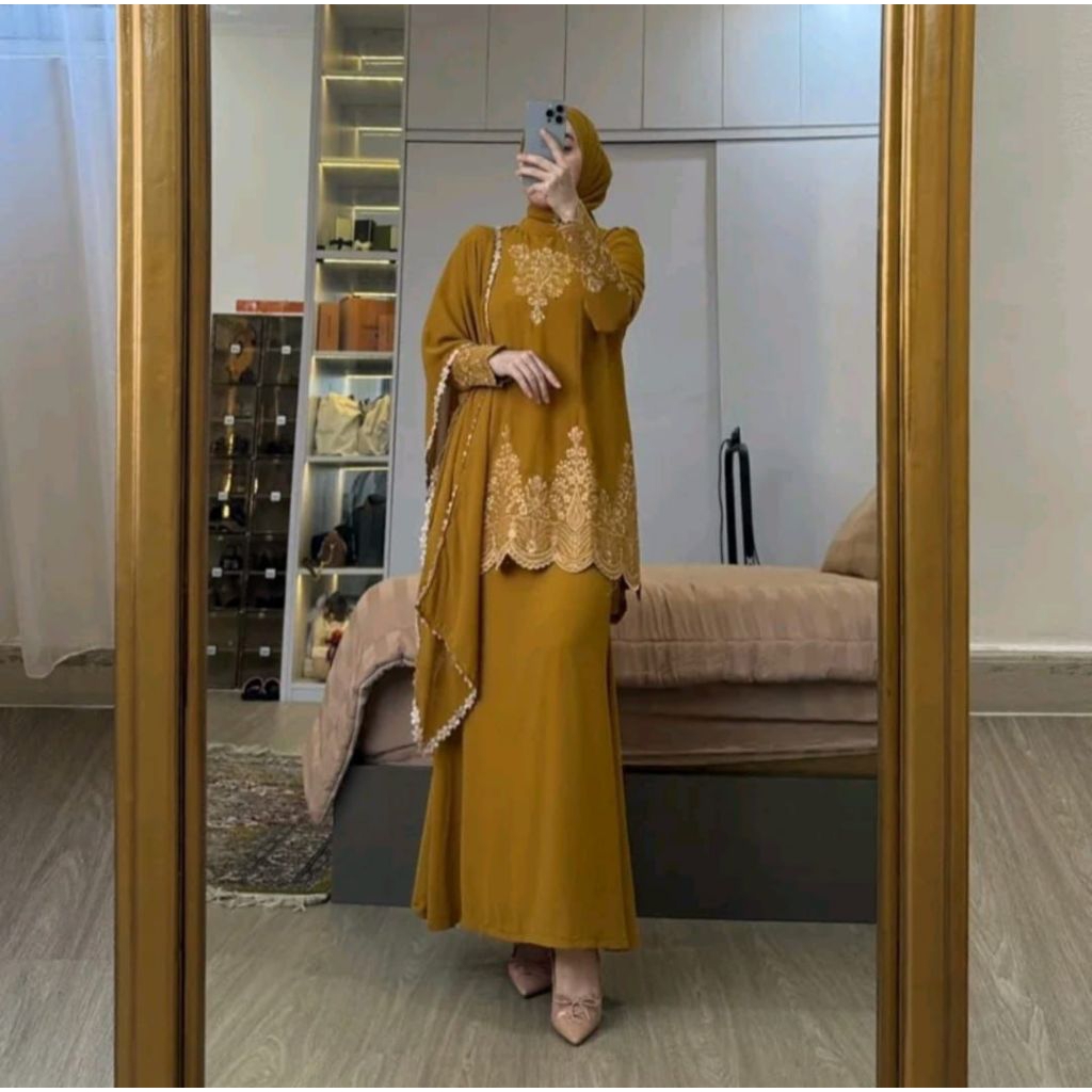 ONE SET gamis malaysia set rok hijab/gamis ceruty set rok hijab/gamis ceruty terbaru/gamis ceruty vi