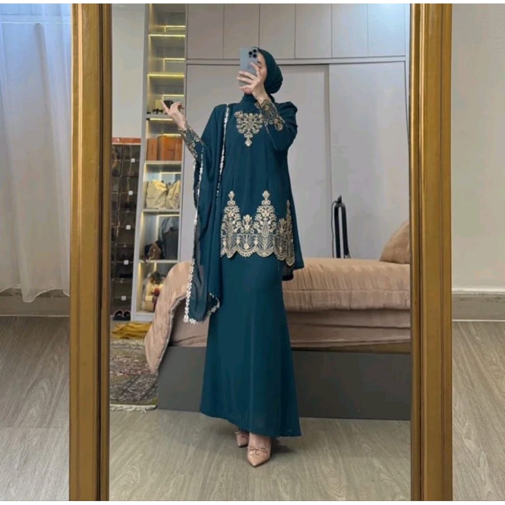 ONE SET stelan gamis malaysia terbaru/stelan gamis rok hijab/stelan gamis malaysia premium/gamis cer