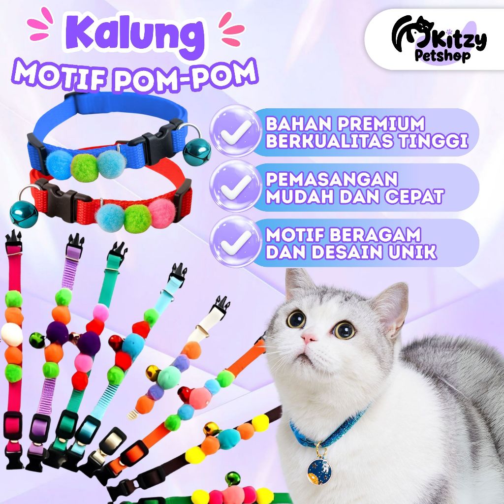 Kalung Kucing Lonceng Nyaring dengan Bola Pompom Pemasangan Sekali Klik KITZY