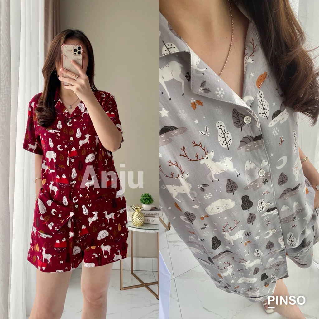 Piyama Natal Wanita | Homewear Set Wanita | Sleepwear Wanita Lengan Pendek| Keiko Homewear - ANJU