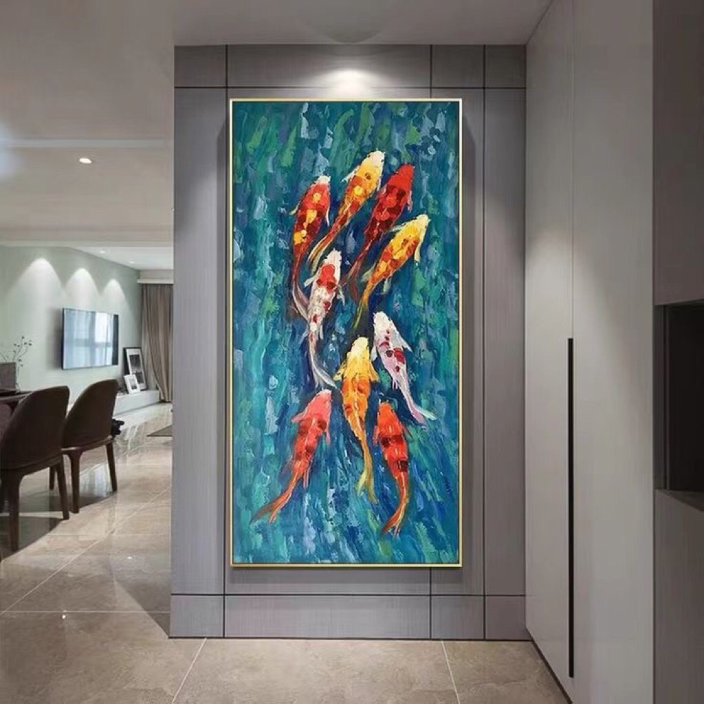 Lukisan Ikan Koi Abstrak Warna Cerah – Wall Art Hiasan Dinding Modern Minimalis Ruang Tamu & Lorong