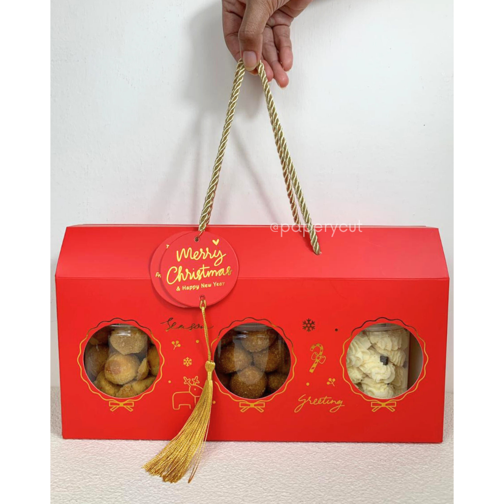 Box Dus Packaging Toples Kue Bolu Cookies - 3 Jar Natal Christmas