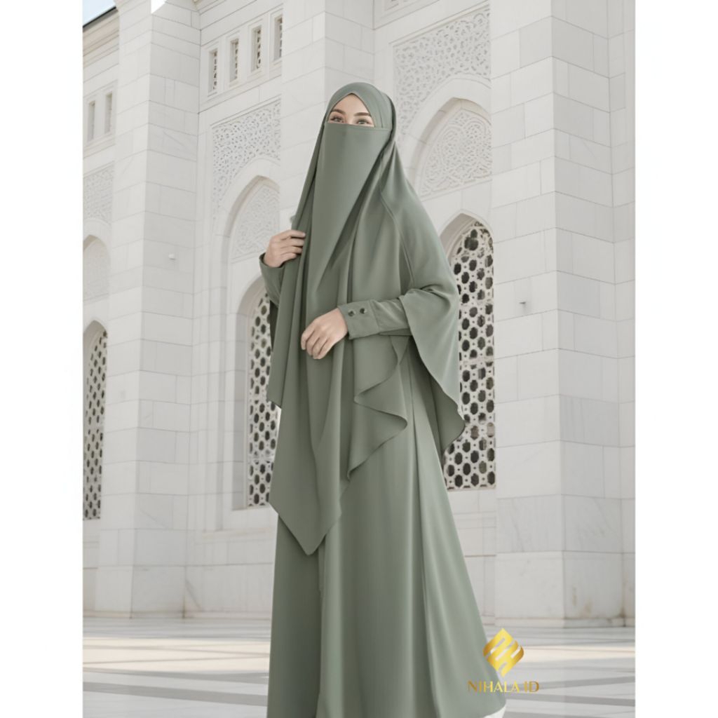 Gamis Syar'i Set Khimar + Cadar Bahan Crinkle Airflow Gamis Abaya Lebaran 2026