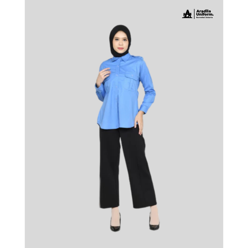 ARADILAUNIFORM Seragam PDL Biru Muda Perempuan/Uniform Tangan Panjang/Baju Dinas Putih PDL Wanita Mu