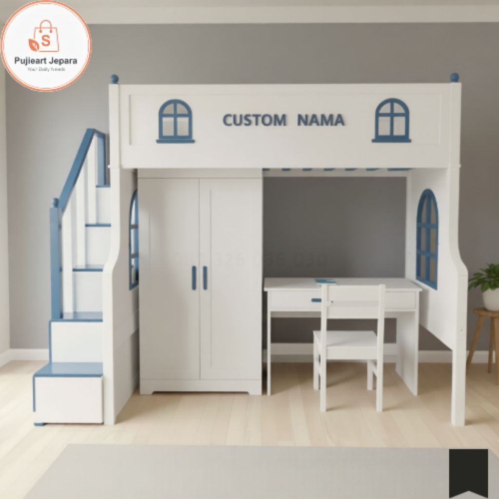 Bunk Bed Minimalis Custom Meja Belajar , Tempat Tidur Tingkat Bawah Almari Baju