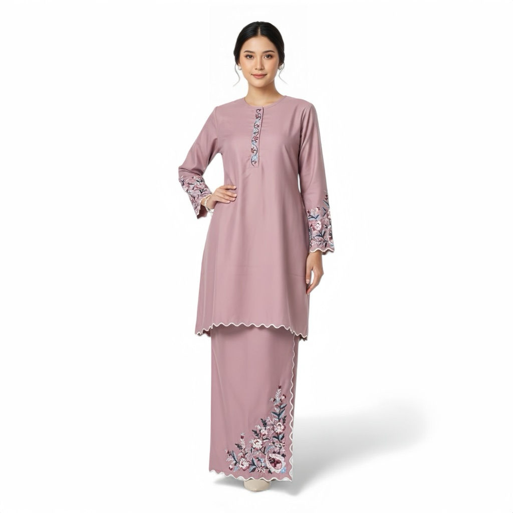 Thaziq - Setelan Kurung Melayu Rayana One SetRok Toyobo Bordir Motif Bunga Terbaru Baju Kurung Malay