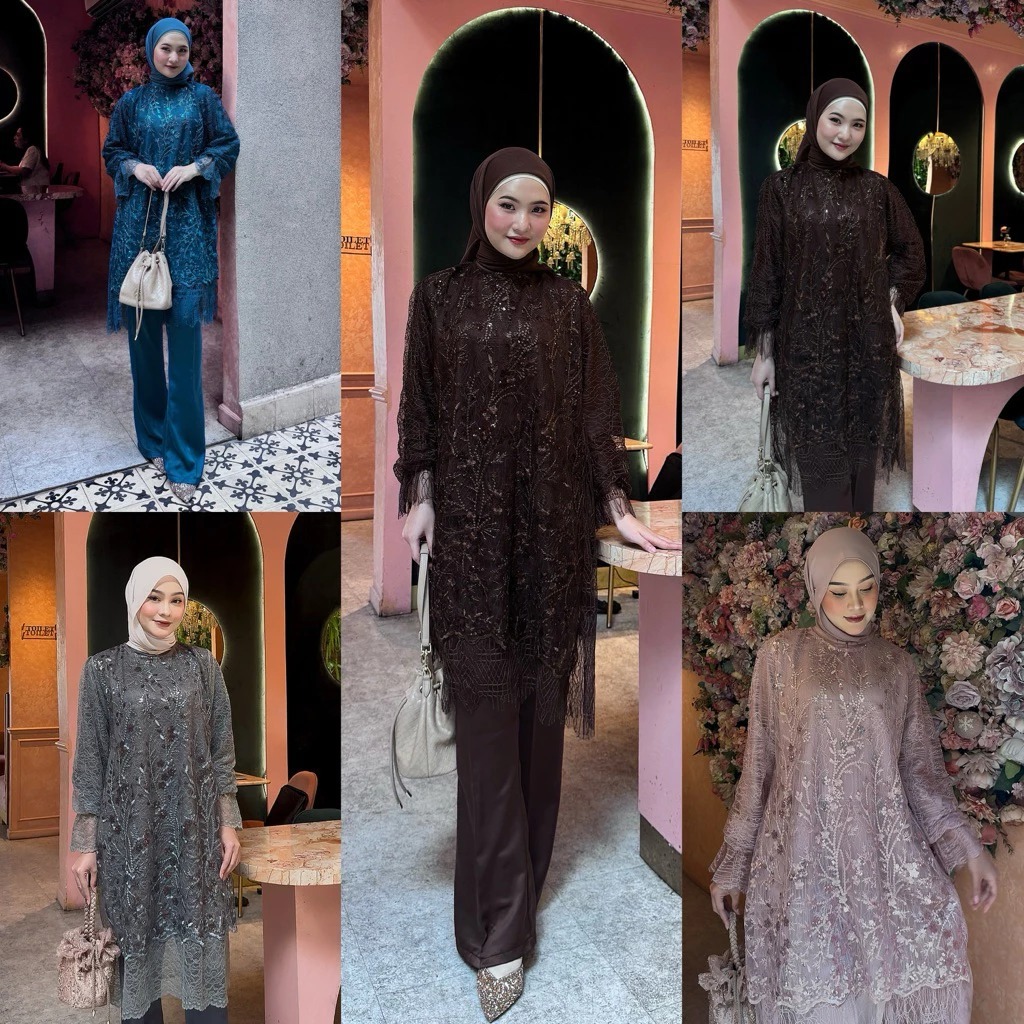 TSABINA SET TUNIK+CELANA ONESET BRUKAT PREMIUM GAMIS KONDANGAN WANITA TERBARU DRESS MUSLIM PESTA